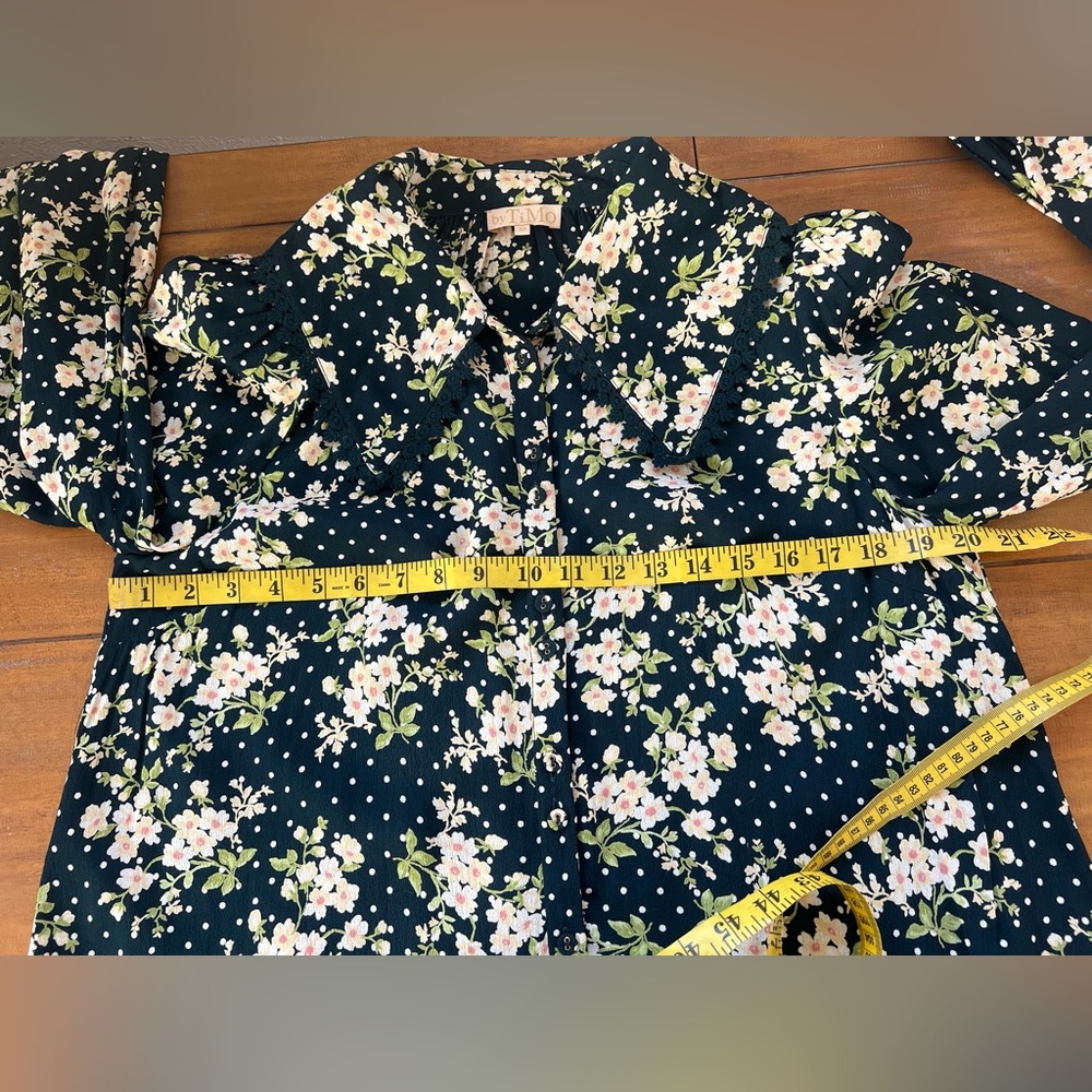 ByTiMo Anthropologie Floral And  Dot Cupro Crepe Button Blouse Dark Blue Navy M - Picture 10 of 12